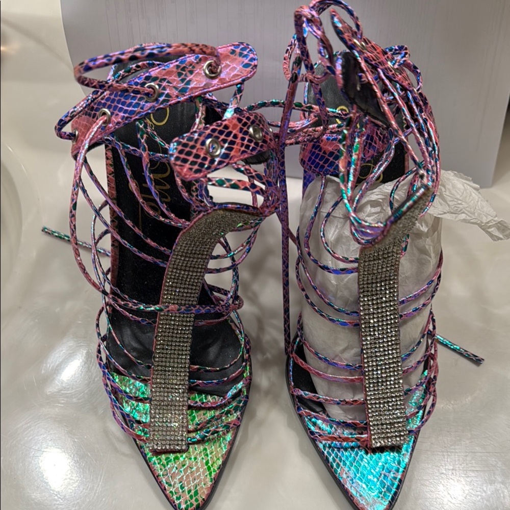 Pink and Blue Ankle Boots with Cage Design and Rhinestone Embellishments